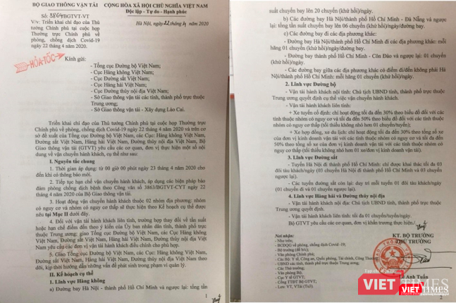 Công văn hỏa tốc số 3864 BGTVT - VT của Bộ GTVT về việc triển khai chỉ đạo của Thủ tướng Chính phủ.
