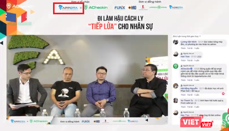 Mẫu nhãn hiệu của Appota (khoanh đỏ ở góc trên) có 2 chữ P trong nhãn hiệu và logo. Ảnh chụp từ một chương trình tọa đàm được phát trực tuyến do Appota tổ chức.