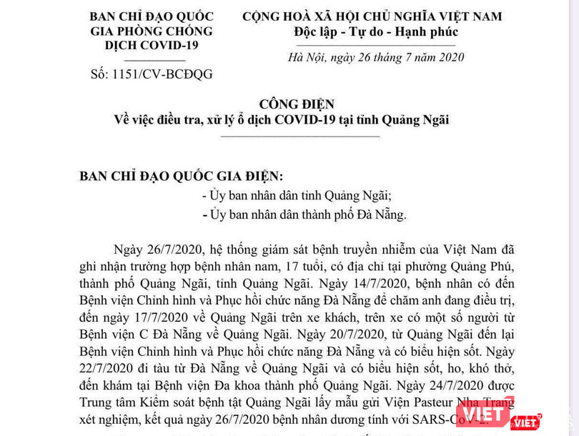 Công điện của Ban Chỉ đạo Quốc gia gửi UBND tỉnh Quảng Ngãi và UBND TP. Đà Nẵng.