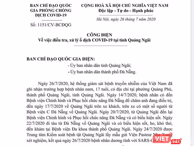 Công điện của Ban Chỉ đạo Quốc gia gửi UBND tỉnh Quảng Ngãi và UBND TP. Đà Nẵng.