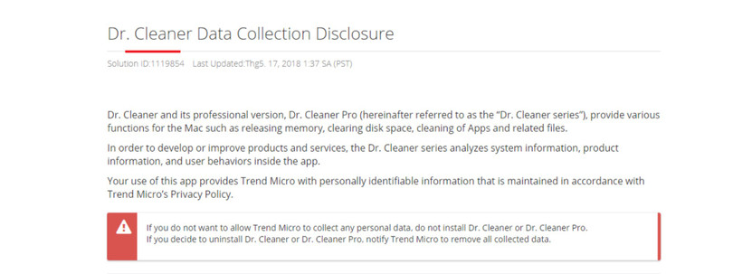 Trend Micro cho biết, theo cập nhật cho ứng dụng Dr. Cleaner vào tháng 5, hãng đã gửi cảnh báo cho người dùng trước khi cài đặt sản phẩm này và hỗ trợ người dùng xóa dữ liệu. Trend Micro cho biết, theo cập nhật cho ứng dụng Dr. Cleaner vào tháng 5, hãng đã gửi cảnh báo cho người dùng trước khi cài đặt sản phẩm này và hỗ trợ người dùng xóa dữ liệu.