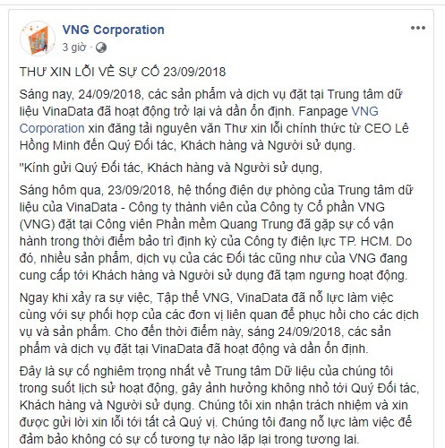 Thư xin lỗi kí tên ông Lê Hồng Minh - CEO VNG được đăng tải trên fanpage.