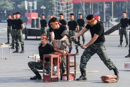 Các lực lượng diễn tập tại buổi lễ xuất quân. Ảnh: Đinh Phương.