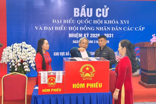 Cử tri bỏ phiếu tại khu vực bỏ phiếu số 3 xã Bình Minh, TP Hà Nội sáng 15/3. Ảnh: Xuân Lực