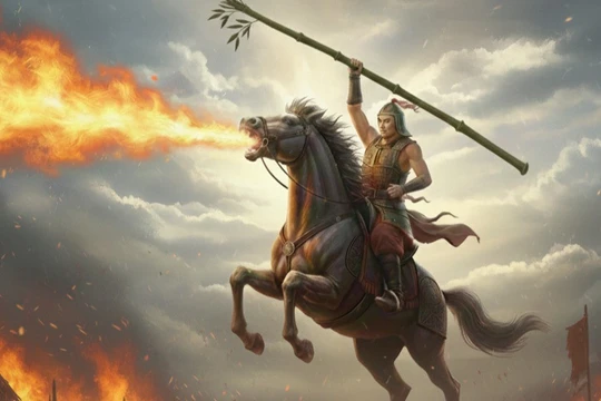 Từ truyền thuyết Thánh Gióng cưỡi ngựa sắt nhổ tre đánh giặc Ân có thể thấy ngựa trong tâm thức người Việt không chỉ là phương tiện di chuyển mà còn là biểu trưng cho ý chí quật cường của dân tộc Việt Nam. Ảnh AI: Xuân Lực.