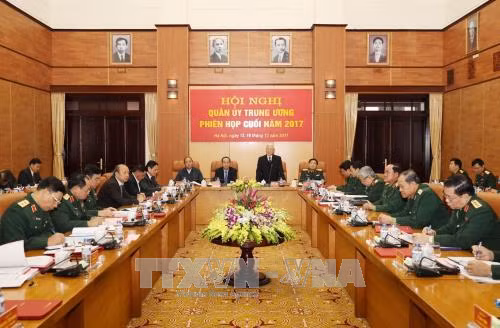 Hội nghị nhằm tổng kết công tác quân sự, quốc phòng năm 2017 và xác định phương hướng, nhiệm vụ năm 2018. Ảnh: TTXVN
