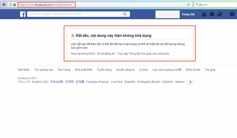 Không thể truy cập được fanpage của foody