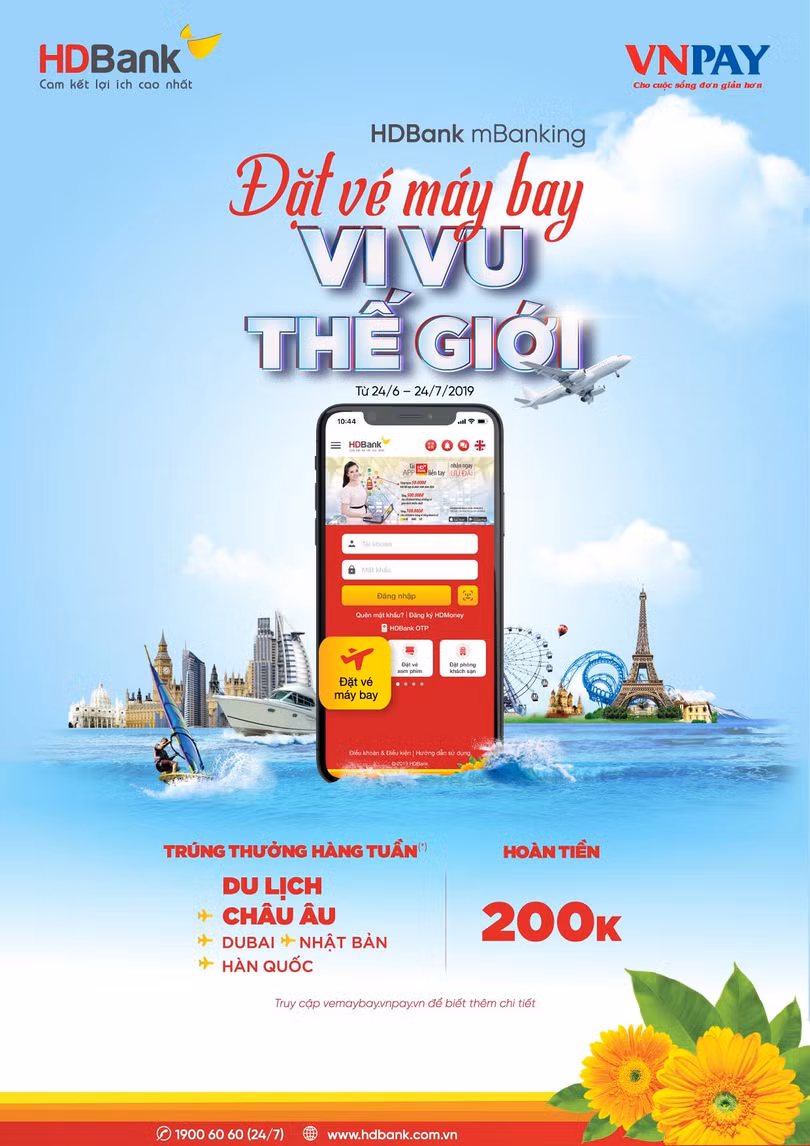 “Đặt vé máy bay” trên ứng dụng HDBank mBanking giúp khách hàng có nhiều lựa chọn trong việc đặt mua vé, so sánh giá với thao tác dễ dàng, thanh toán nhanh chóng.