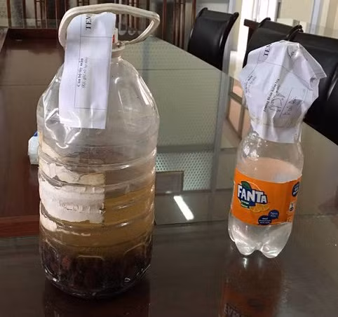 Mẫu rượu ngâm quả khô và mẫu rượu trắng thu được tại gia đình ông Hồi. Nguồn VFA