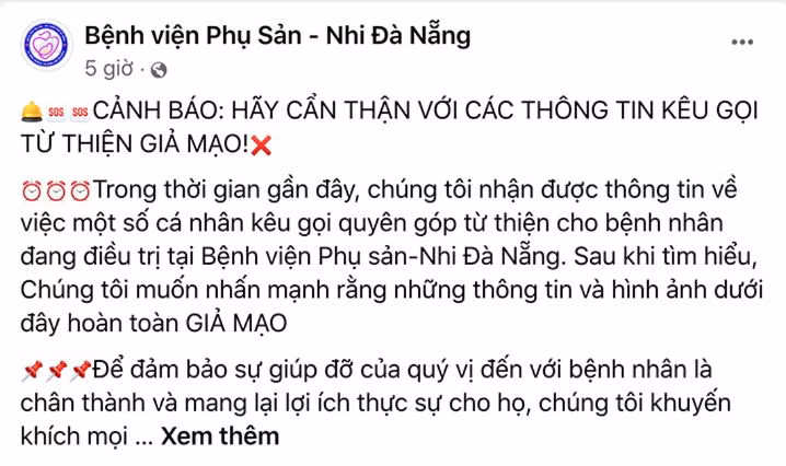Bệnh viện Phụ sản – Nhi Đà Nẵng cảnh báo thông tin kêu gọi từ thiện giả mạo trên mạng xã hội