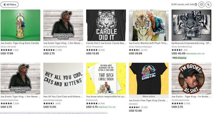 Tìm kiếm "Tiger King" trên Esty, có 8195 kết quả. Ảnh: Esty