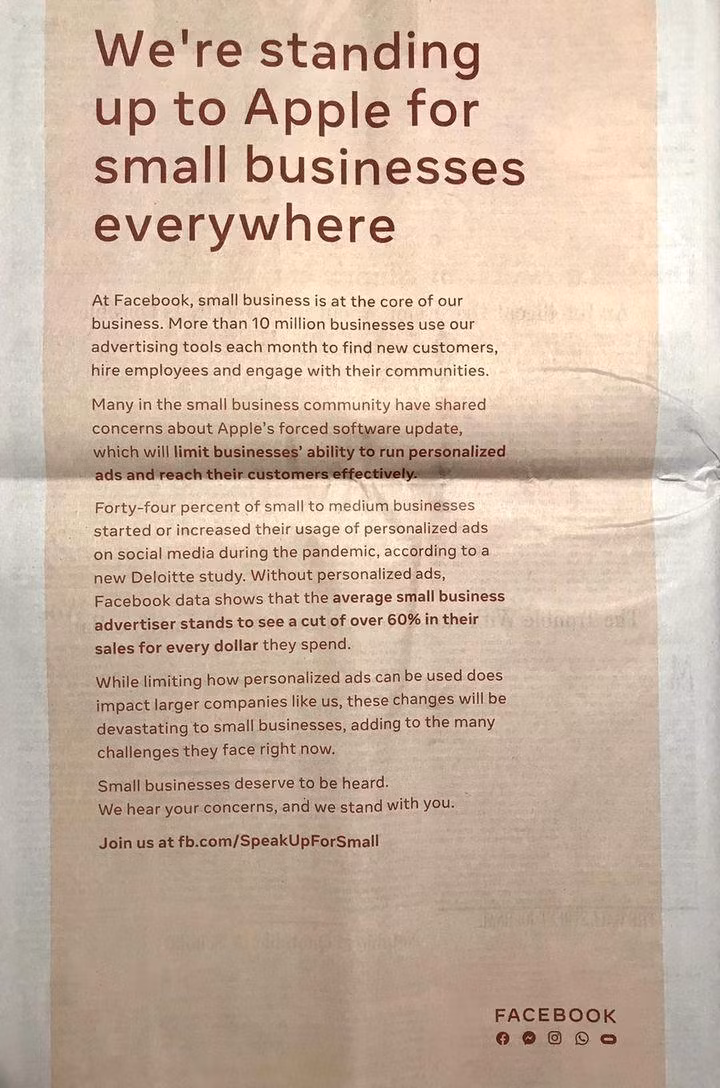 Facebook tin rằng cách tiếp cận của Apple sẽ giết chết các doanh nghiệp vừa và nhỏ.