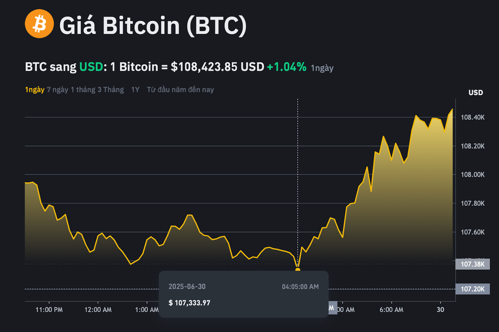 Giá Bitcoin biến động nhẹ trong 24h qua.