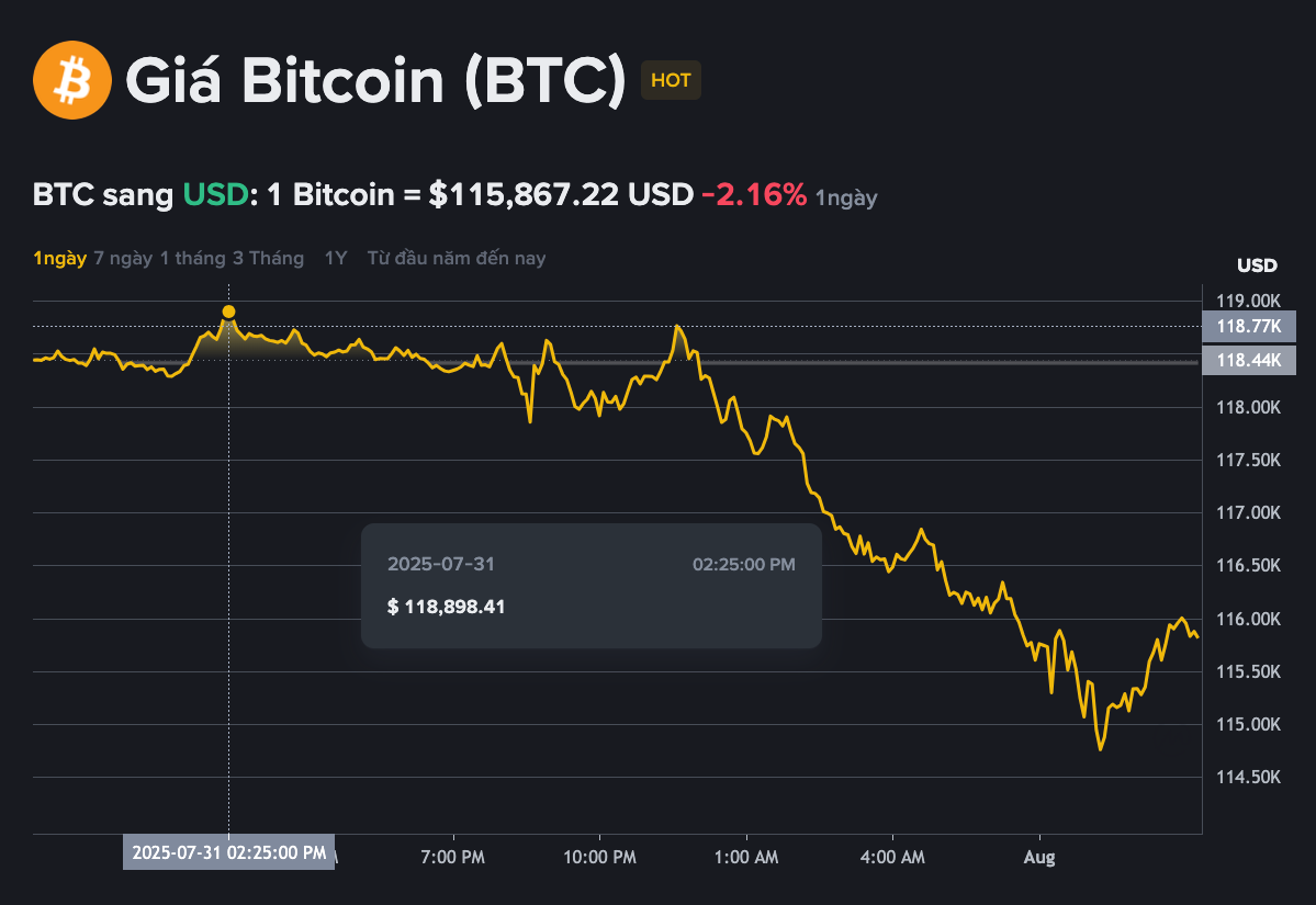 Giá bitcoin đạt đỉnh tại 118.898 USD/BTC trong vòng 24h qua.