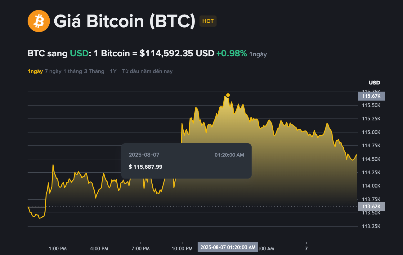 Giá bitcoin đạt đỉnh tại 115.687 USD/BTC trong vòng 24h qua.