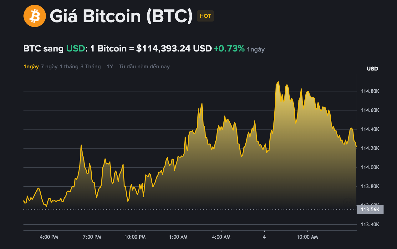 Giá bitcoin đạt đỉnh tại 114.886 USD/BTC trong vòng 24h qua.