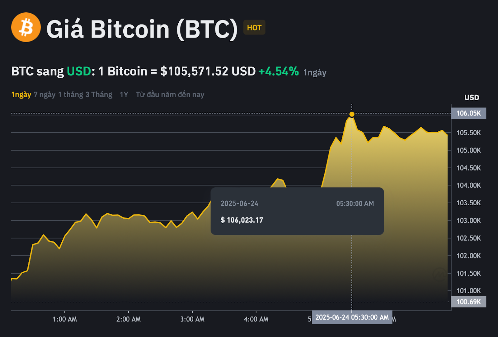 Dữ liệu từ Binance cho thấy trong 24h giờ qua, có thời điểm giá mỗi Bitcoin giao dịch ở mốc cao nhất là 106.023 BTC/USD, mốc thấp nhất là 100.048 BTC/USD trước khi hồi phục lên trên mốc 105.071 BTC/USD vào sáng nay.
