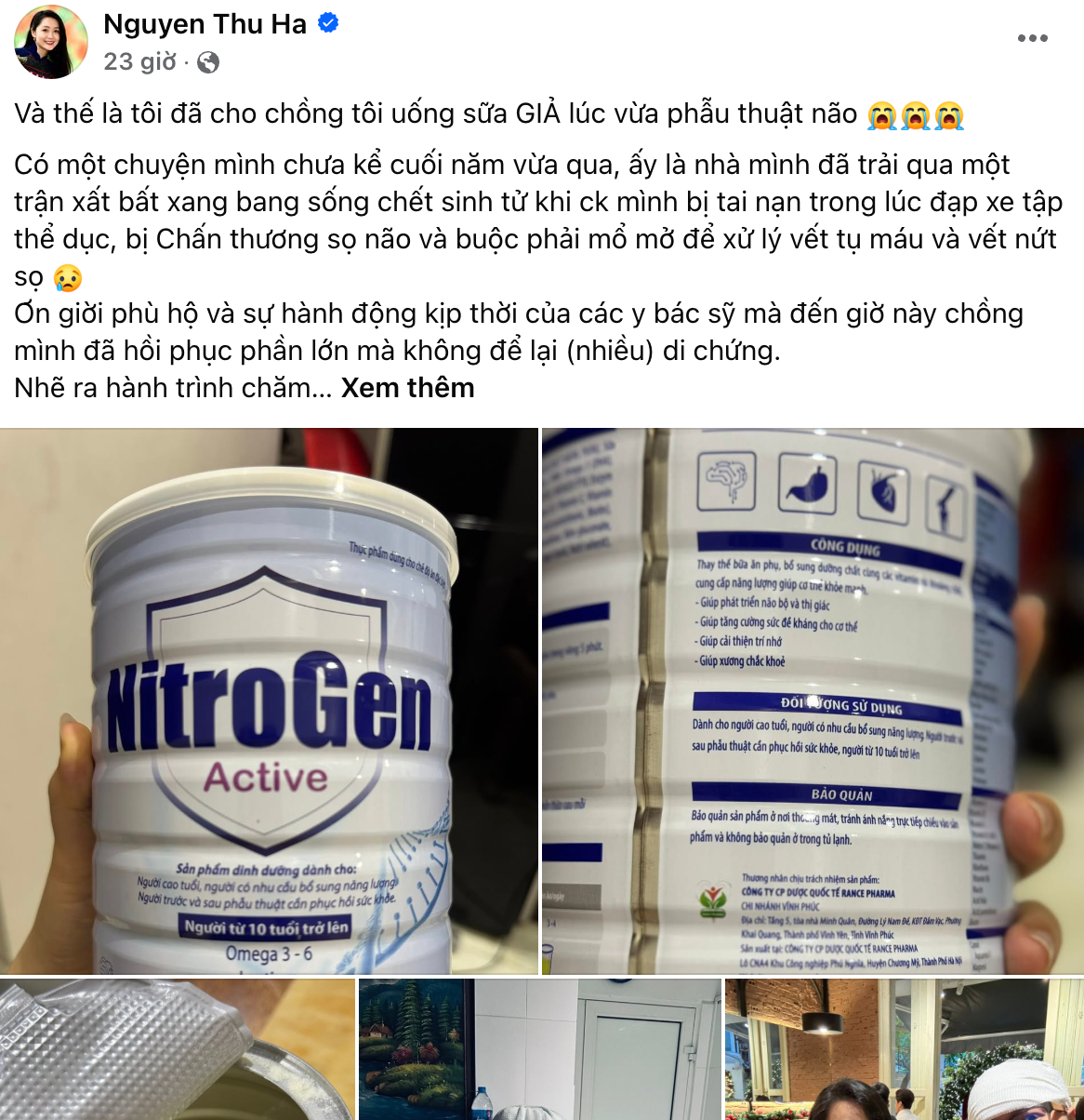 Biên tập viên của VTV Nguyễn Thu Hà chia sẻ trên Facebook cá nhân việc chồng chị sử dụng phải sữa mang nhãn hiệu NitroGen do Công ty Rance Pharma. Ảnh chụp màn hình Facebook nhân vật.