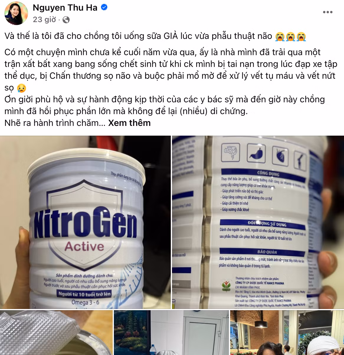 Biên tập viên của VTV Nguyễn Thu Hà chia sẻ trên Facebook cá nhân việc chồng chị sử dụng phải sữa mang nhãn hiệu NitroGen do Công ty Rance Pharma. Ảnh chụp màn hình Facebook nhân vật.