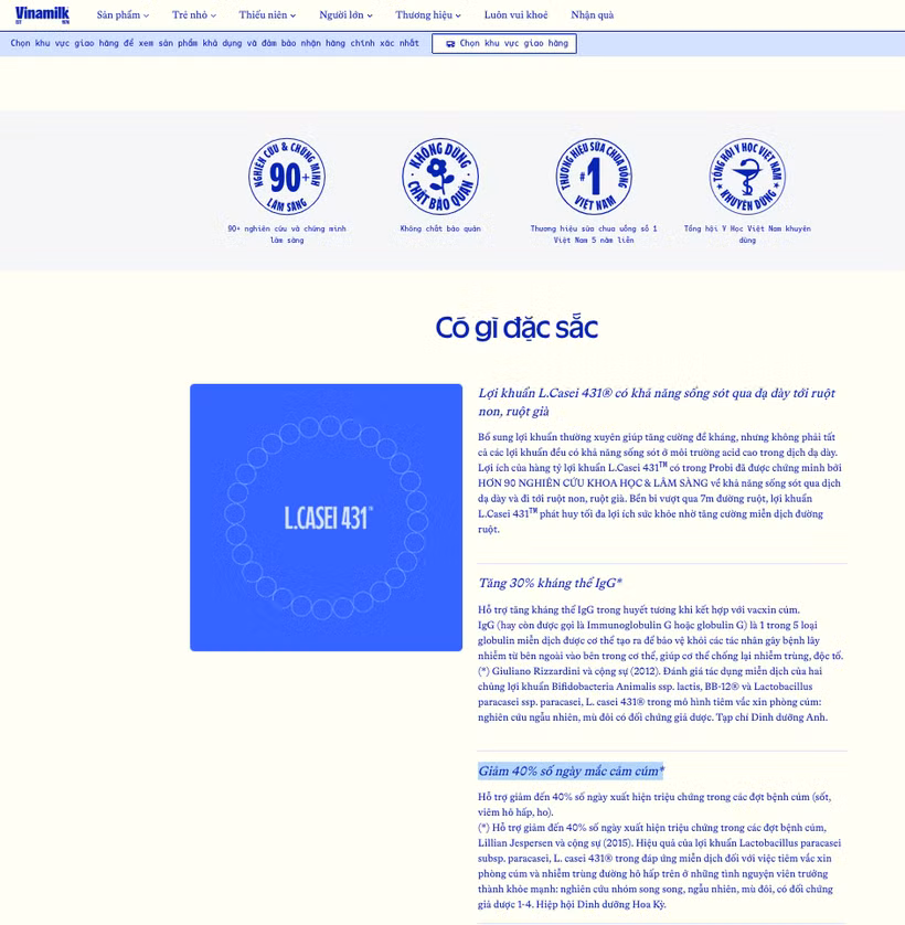 Trong cùng một phần giới thiệu sản phẩm nhưng nội dung thông tin quảng cáo về sản phẩm Vinamilk Probi của Vinamilk không có sự thống nhất. Ảnh chụp màn hình thông tin từ website của Vinamilk.
