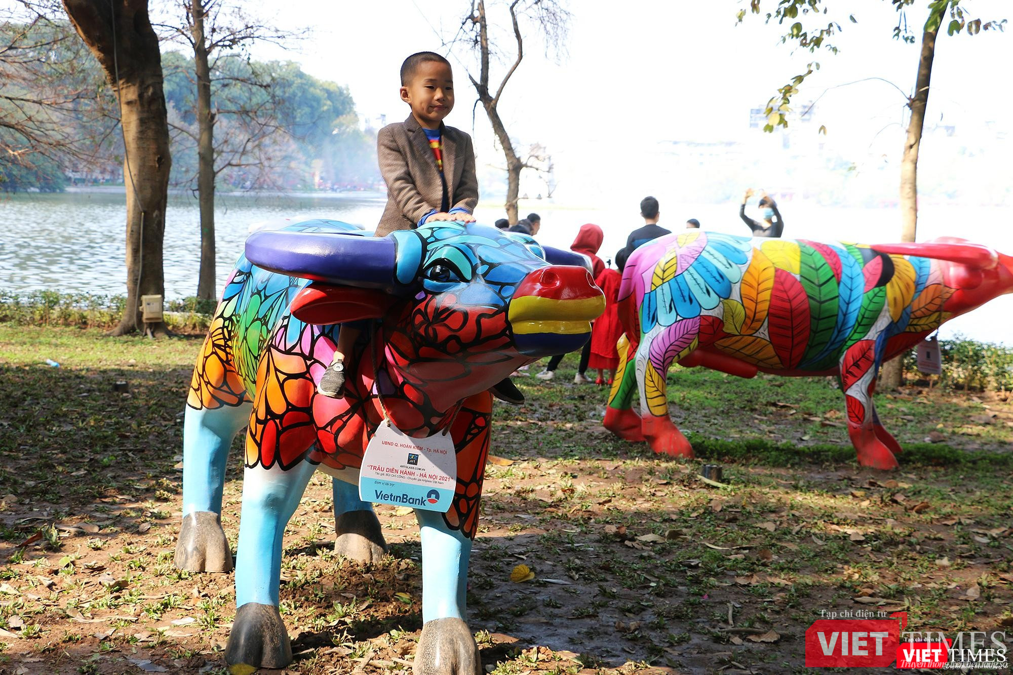 Một chú bé chụp ảnh với biểu tượng chú trâu - năm Tân Sửu