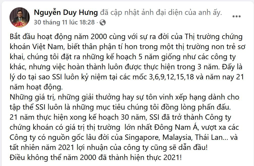 Ảnh chụp facebook của Chủ tịch SSI Nguyễn Duy Hưng.