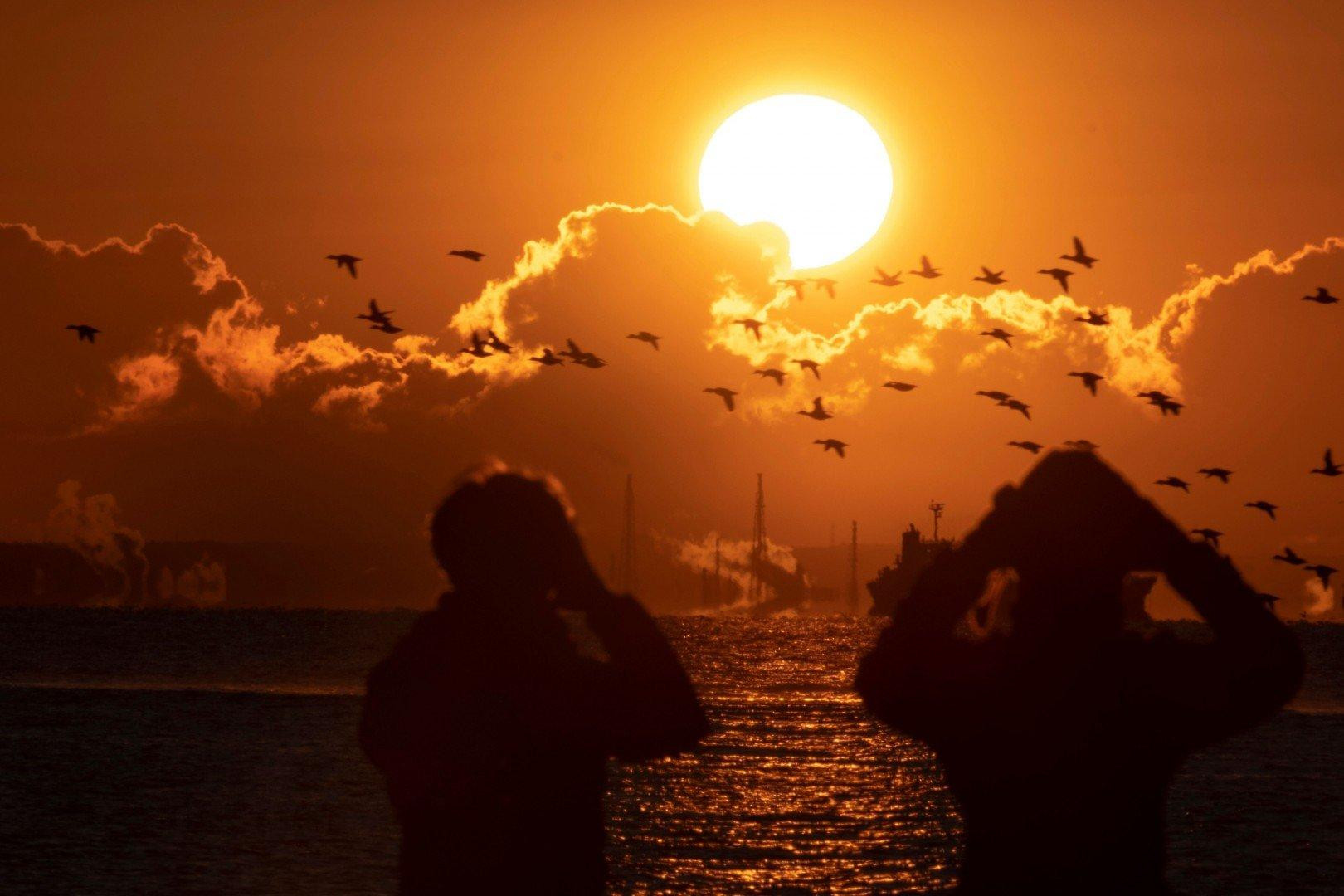 Một cặp đôi ngắm bình minh vào ngày đầu năm mới tại một công viên bên bờ biển ở Tokyo (ảnh: AFP) Một cặp đôi ngắm bình minh vào ngày đầu năm mới tại một công viên bên bờ biển ở Tokyo (ảnh: AFP)