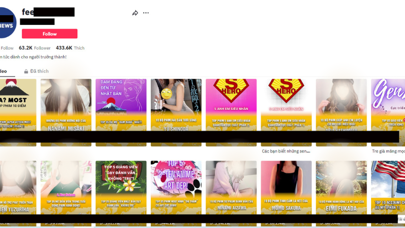 Tài khoản này đăng tải hàng loạt các diễn viên phim người lớn với mã số các bộ phim mà họ đã đóng