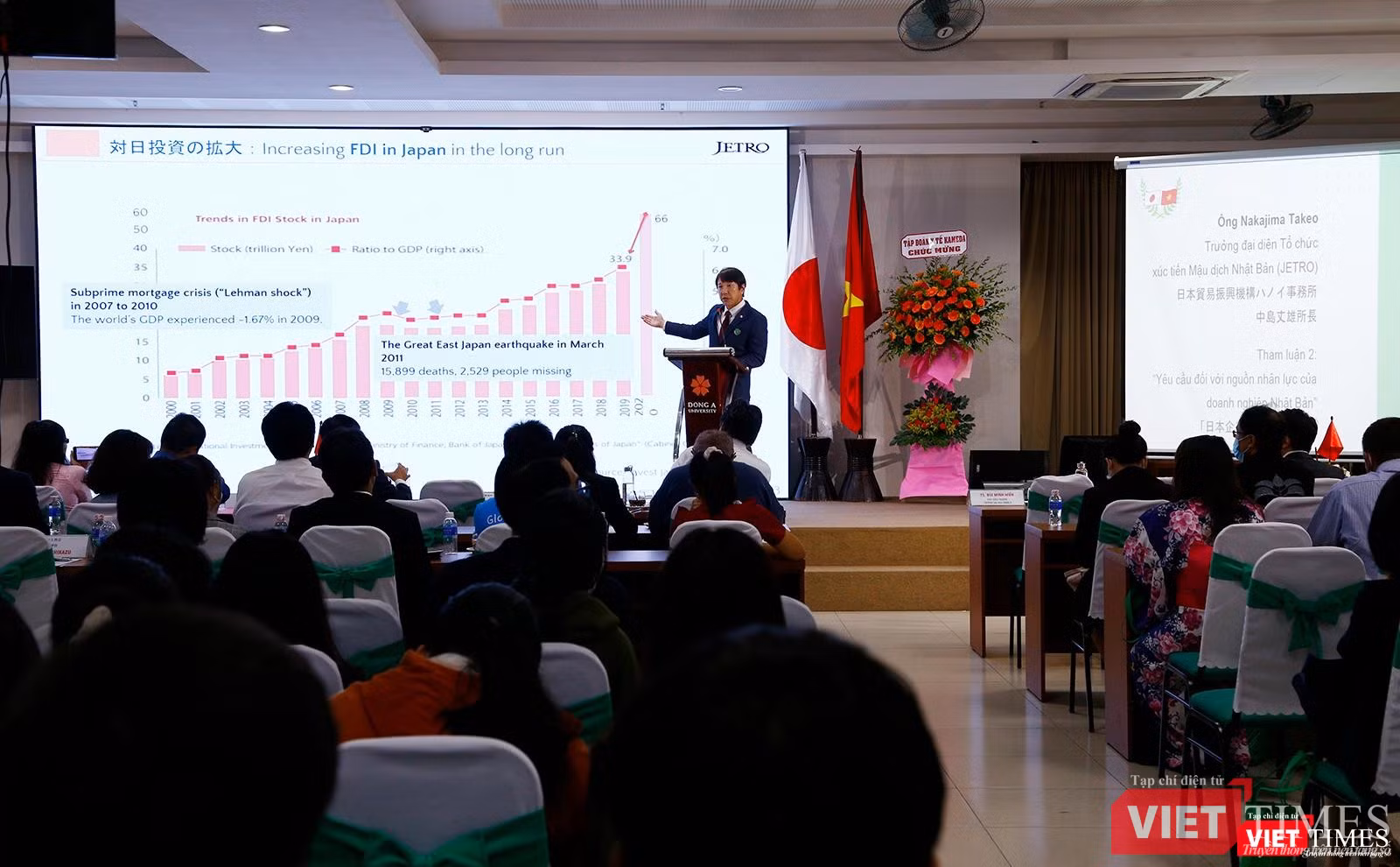 Ông Nakajima Takeo - Trưởng đại diện Tổ chức xúc tiến Mậu dịch Nhật Bản (JETRO) tchia sẻ những yêu cầu đối với nguồn nhân lực của doanh nghiệp Nhật Bản