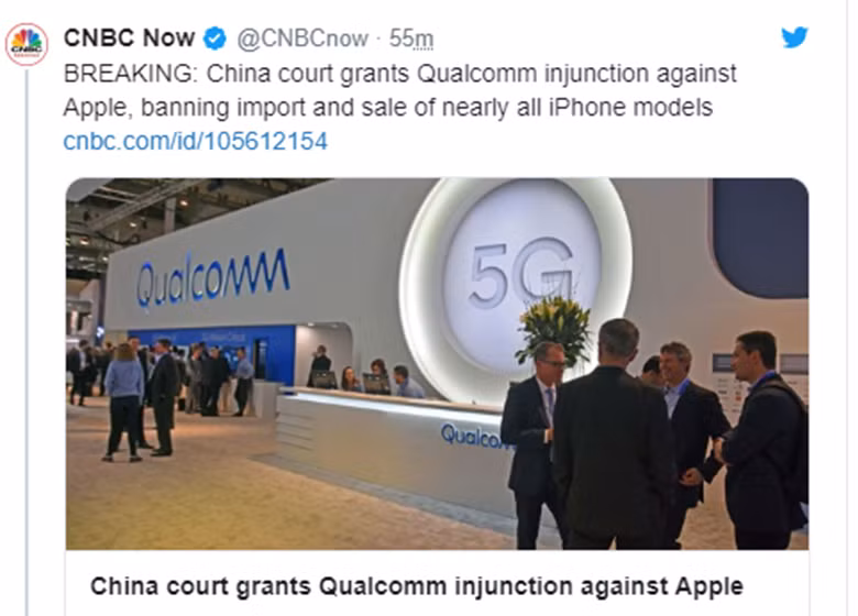 CNBC đưa tin về phán quyết sơ bộ của tòa án Trung Quốc đối với đa số các mẫu iPhone của Apple