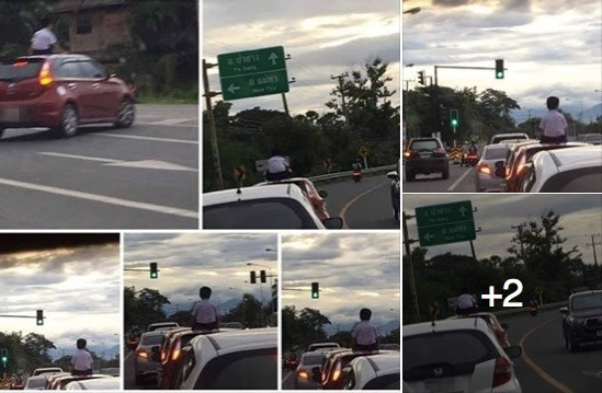 Vụ bé trai ở Thái Lan ngồi trên nóc ô tô đang chạy gây xôn xao dư luận (Ảnh: Asia 1)