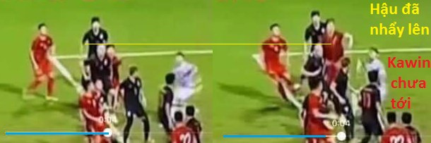 Hình ảnh cắt từ clip cho thấy Văn Hậu đã nhảy lên trước thủ môn Kawin. Hãy nhìn kỹ cánh tay của Văn Hậu, Kawin chưa tới thì làm sao Hậu đã cài tay Kawin được ?! Hình ảnh cắt từ clip cho thấy Văn Hậu đã nhảy lên trước thủ môn Kawin. Hãy nhìn kỹ cánh tay của Văn Hậu, Kawin chưa tới thì làm sao Hậu đã cài tay Kawin được ?!