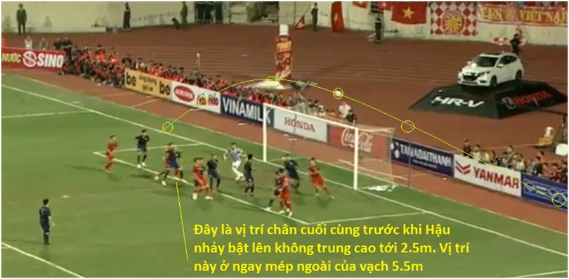 Hậu chưa hề vào trong vùng 5.5m. Chỉ là bật lên cao sau lưng của số 14. Hậu chưa hề vào trong vùng 5.5m. Chỉ là bật lên cao sau lưng của số 14.