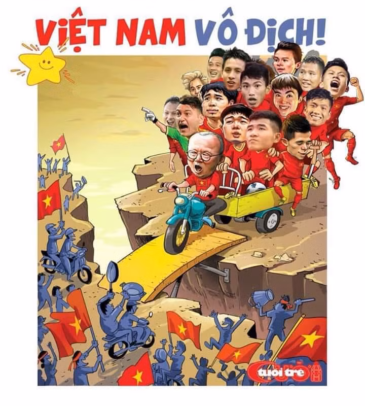Ảnh biếm họa ông Park và các cầu thủ vượt khó tại Asian Cup ( báo Tuổi trẻ Cười)