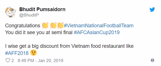 Xin chúc mừng, có lẽ nhiều nhà hàng ở Việt Nam sẽ giảm giá đồ ăn giống như ở AFF Cup