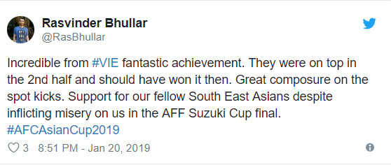 Thật không thể tin được thành tích này của Việt Nam. Họ đã chơi rất tốt trong hiệp 2 và giành chiến thắng xứng đáng. Cổ vũ cho người bạn Đông Nam Á, cho dù các bạn đã khiến chúng tôi đau đớn trong trận chung kết AFF Cup. Thật không thể tin được thành tích này của Việt Nam. Họ đã chơi rất tốt trong hiệp 2 và giành chiến thắng xứng đáng. Cổ vũ cho người bạn Đông Nam Á, cho dù các bạn đã khiến chúng tôi đau đớn trong trận chung kết AFF Cup.