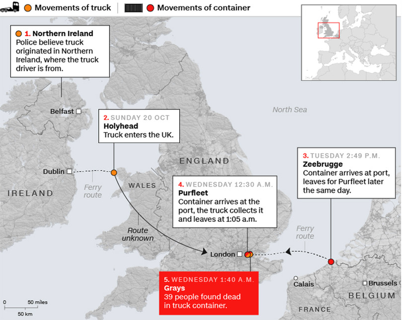 Lộ trình xe tải và container. Chiếc xe tải xuất phát từ Bắc Ai len sau đó vào Anh qua ngả xứ Wales. Còn container được đưa đến cảng Purfleet (Anh) qua đường nước Bỉ. Chiếc xe tải sau đó chở container đến khu công nghiệp Gray, Essex thì tài xế bỏ trốn sau khi phát hiện 39 nạn nhân trong container đã tử vong (ảnh CNN) Lộ trình xe tải và container. Chiếc xe tải xuất phát từ Bắc Ai len sau đó vào Anh qua ngả xứ Wales. Còn container được đưa đến cảng Purfleet (Anh) qua đường nước Bỉ. Chiếc xe tải sau đó chở container đến khu công nghiệp Gray, Essex thì tài xế bỏ trốn sau khi phát hiện 39 nạn nhân trong container đã tử vong (ảnh CNN)