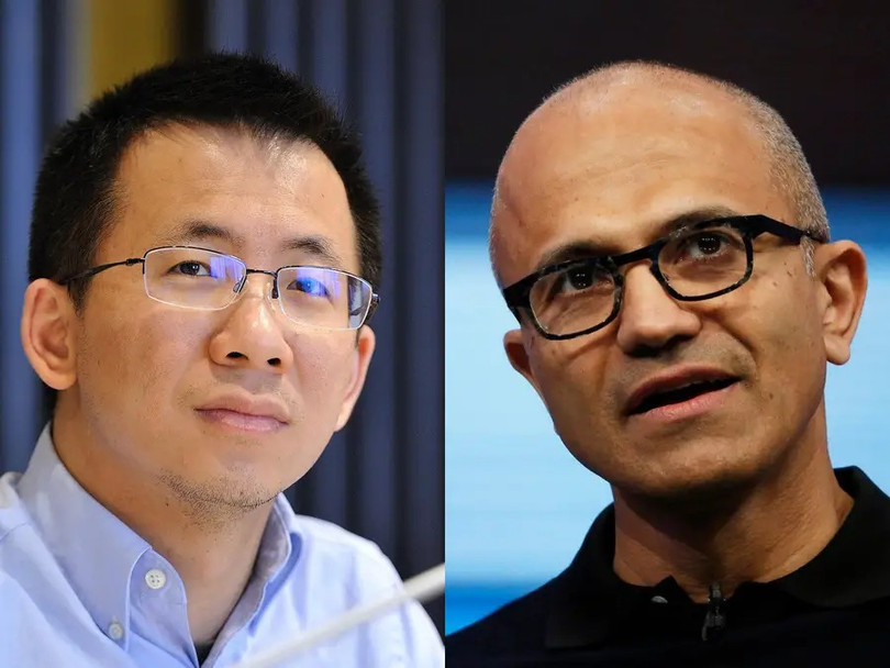 Giám đốc điều hành ByteDance Zhang Yiming (bên trái) và Giám đốc điều hành Microsoft Satya Nadella (ảnh: Getty Images) Giám đốc điều hành ByteDance Zhang Yiming (bên trái) và Giám đốc điều hành Microsoft Satya Nadella (ảnh: Getty Images)