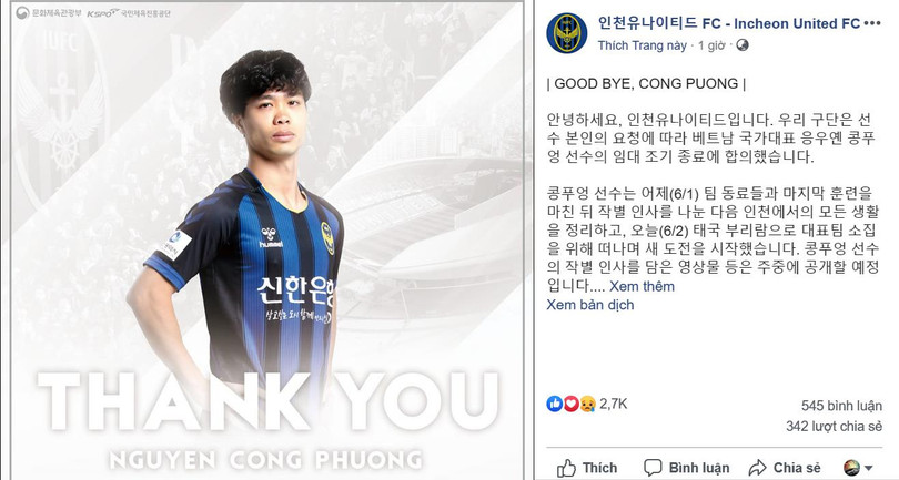 Fanpage CLB Incheon ra thông báo Công Phượng rời đội bóng