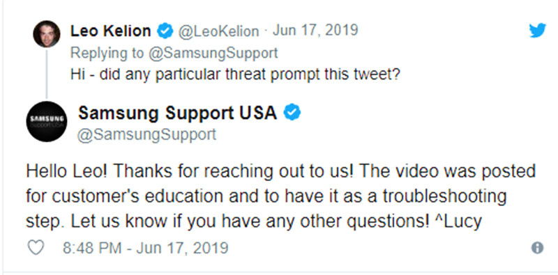 Dòng tweet trả lời khách hàng của Samsung