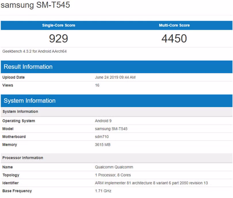 Thông số máy tính bảng SM-T545 trên Geekbench Thông số máy tính bảng SM-T545 trên Geekbench