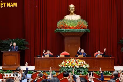 Các đại biểu thông qua chương trình Hội nghị Trung ương 2 khóa XIV. Ảnh: TTXVN.