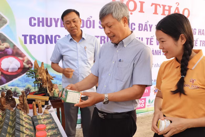 Ông Hồ Quang Bửu, Phó Chủ tịch UBND TP Đà Nẵng tham quan không gian trưng bày các sản phẩm kinh tế vườn tại hội thảo. Ảnh TĐ.