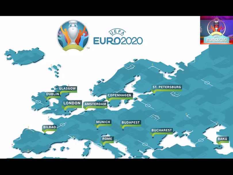 Giải vô địch châu Âu Euro 2020 dự kiến sẽ được tổ chức từ 12/6 đến 12/7 , tại 12 thành phố ở 12 quốc gia khác nhau thuộc Liên đoàn bóng đá châu Âu (UEFA) bao gồm: London (Anh), Munich (Đức), Baku (Azerbaijan), Saint Petersburg (Nga), Rome (Ý), Copenhagen (Đan Mạch), Bucharest (Romania), Amsterdam (Hà Lan), Dublin (Cộng hòa Ireland), Bilbao (Tây Ban Nha), Budapest (Hungary), Glasgow (Scotland). Ảnh UEÀ Giải vô địch châu Âu Euro 2020 dự kiến sẽ được tổ chức từ 12/6 đến 12/7 , tại 12 thành phố ở 12 quốc gia khác nhau thuộc Liên đoàn bóng đá châu Âu (UEFA) bao gồm: London (Anh), Munich (Đức), Baku (Azerbaijan), Saint Petersburg (Nga), Rome (Ý), Copenhagen (Đan Mạch), Bucharest (Romania), Amsterdam (Hà Lan), Dublin (Cộng hòa Ireland), Bilbao (Tây Ban Nha), Budapest (Hungary), Glasgow (Scotland). Ảnh UEÀ