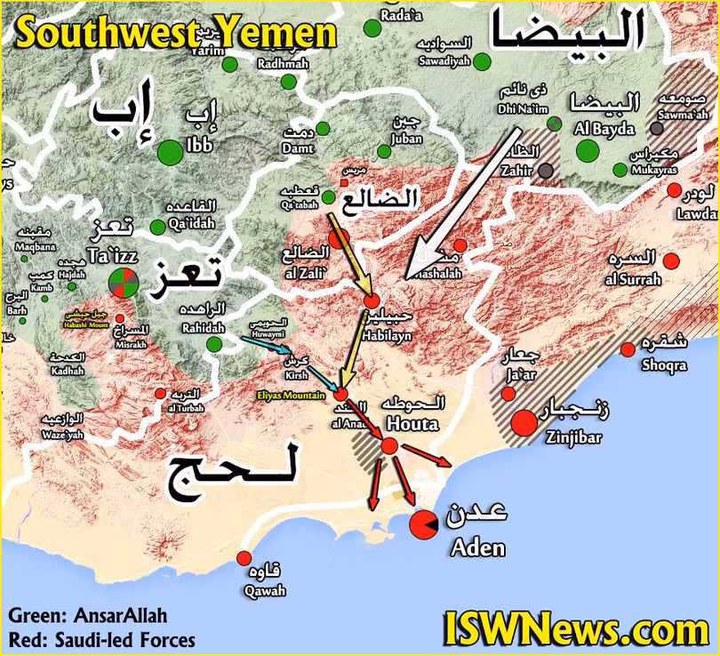 Phương hướng tấn công chiến lược của Houthi ở Yemen. Bản đồ South Front