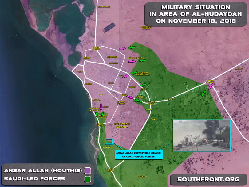 Tình hình quân sự chiến trường phía Tây Yemen ngày 18.11.2018 theo South Front. Tình hình quân sự chiến trường phía Tây Yemen ngày 18.11.2018 theo South Front.