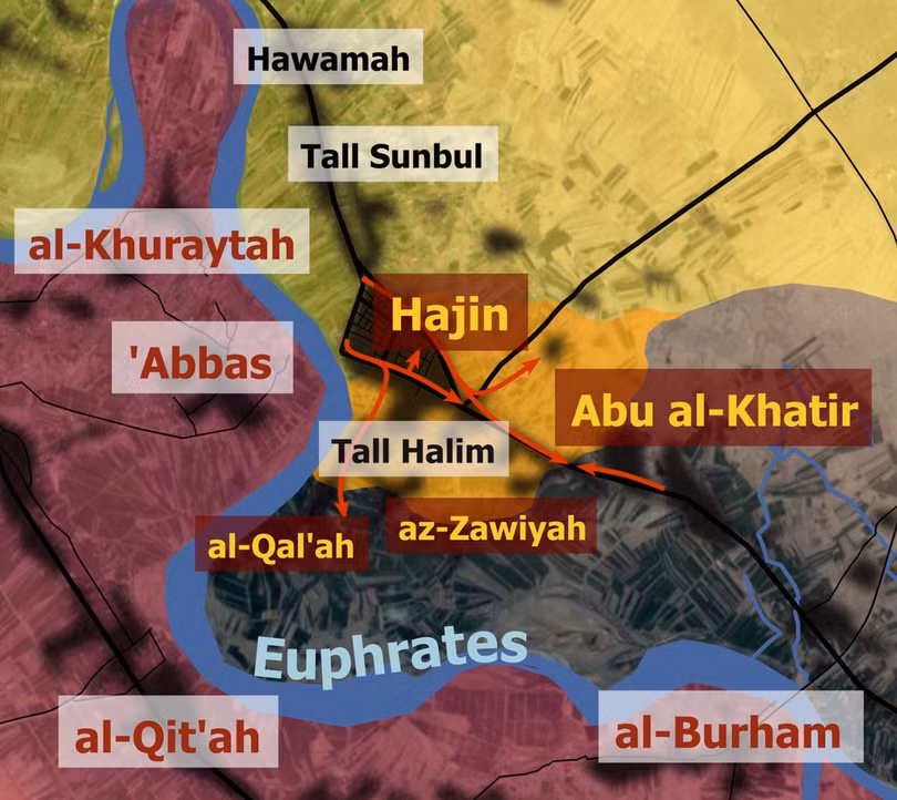 Bản đồ tình hình chiến sự thị trấn Hajin. Deir Ezzor. Ảnh: South Front. Bản đồ tình hình chiến sự thị trấn Hajin. Deir Ezzor. Ảnh: South Front.