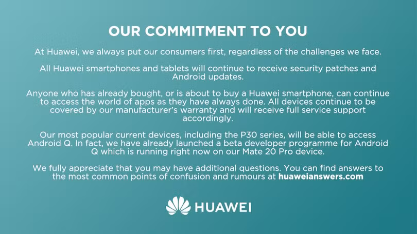 Huawei cam kết sẽ cung cấp bản cập nhật hệ điều hành Android Q cho dòng P30 và nhiều smartphone phổ biến của hãng. Nguồn: Twitter