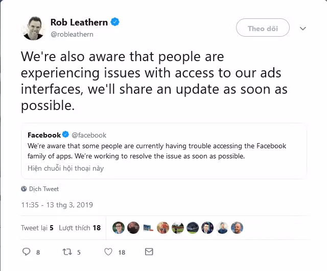 Dòng Tweet của Giám đốc sản phẩm Facebook, Rob Leathern. Ảnh: Twitter Dòng Tweet của Giám đốc sản phẩm Facebook, Rob Leathern. Ảnh: Twitter