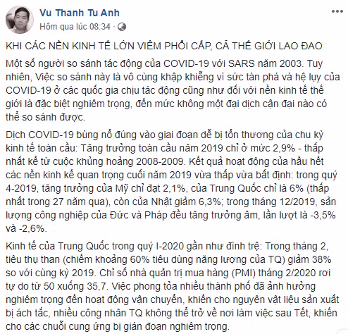 Một phần nội dung chia sẻ của TS. Vũ Thành Tự Anh - "Khi các nền kinh tế lớn viêm phổi cấp, cả thế giới lao đao" (Ảnh chụp màn hình) Một phần nội dung chia sẻ của TS. Vũ Thành Tự Anh - "Khi các nền kinh tế lớn viêm phổi cấp, cả thế giới lao đao" (Ảnh chụp màn hình)
